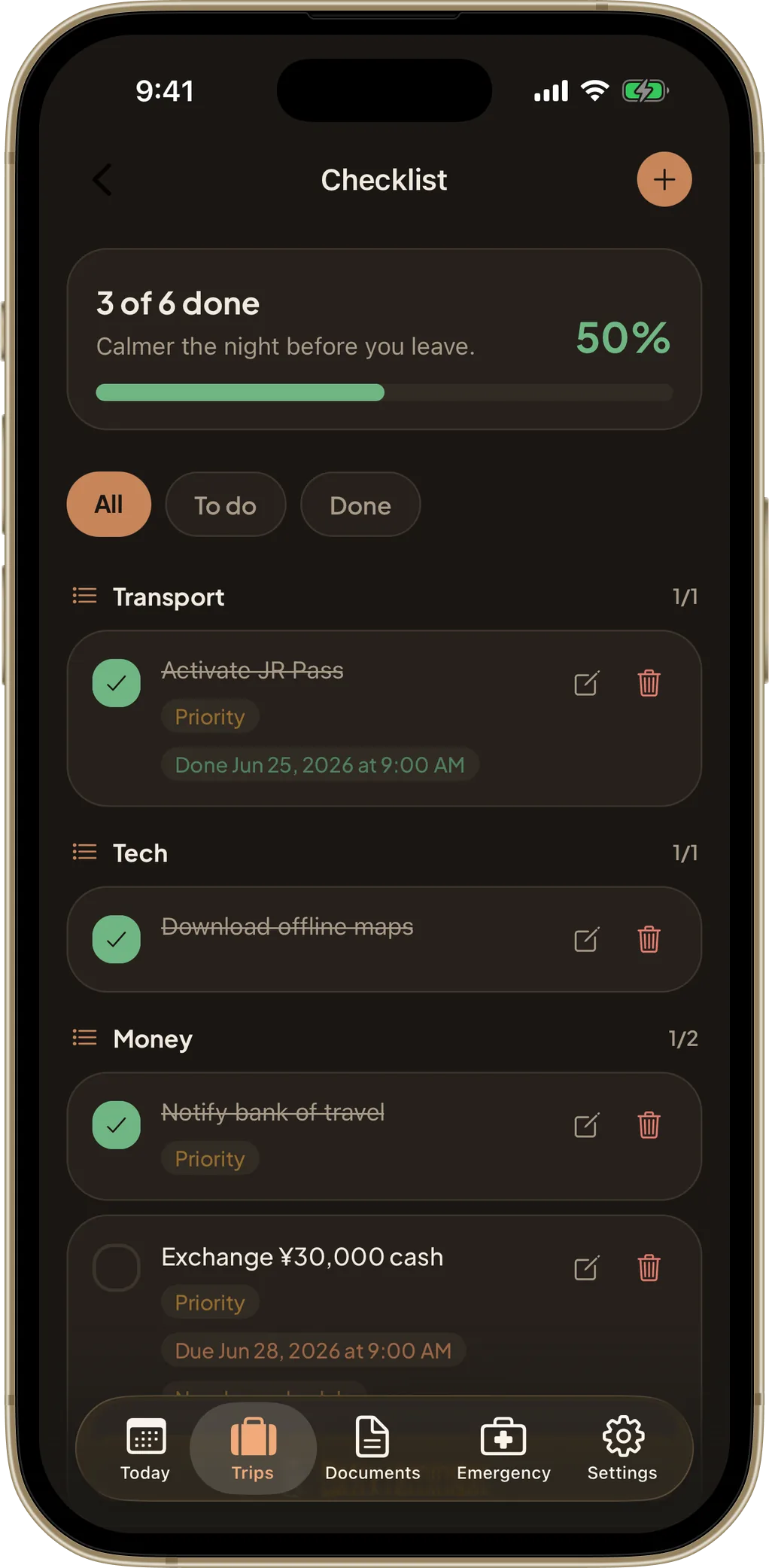 TripPouch pre-trip checklist grouped by category with reminders
