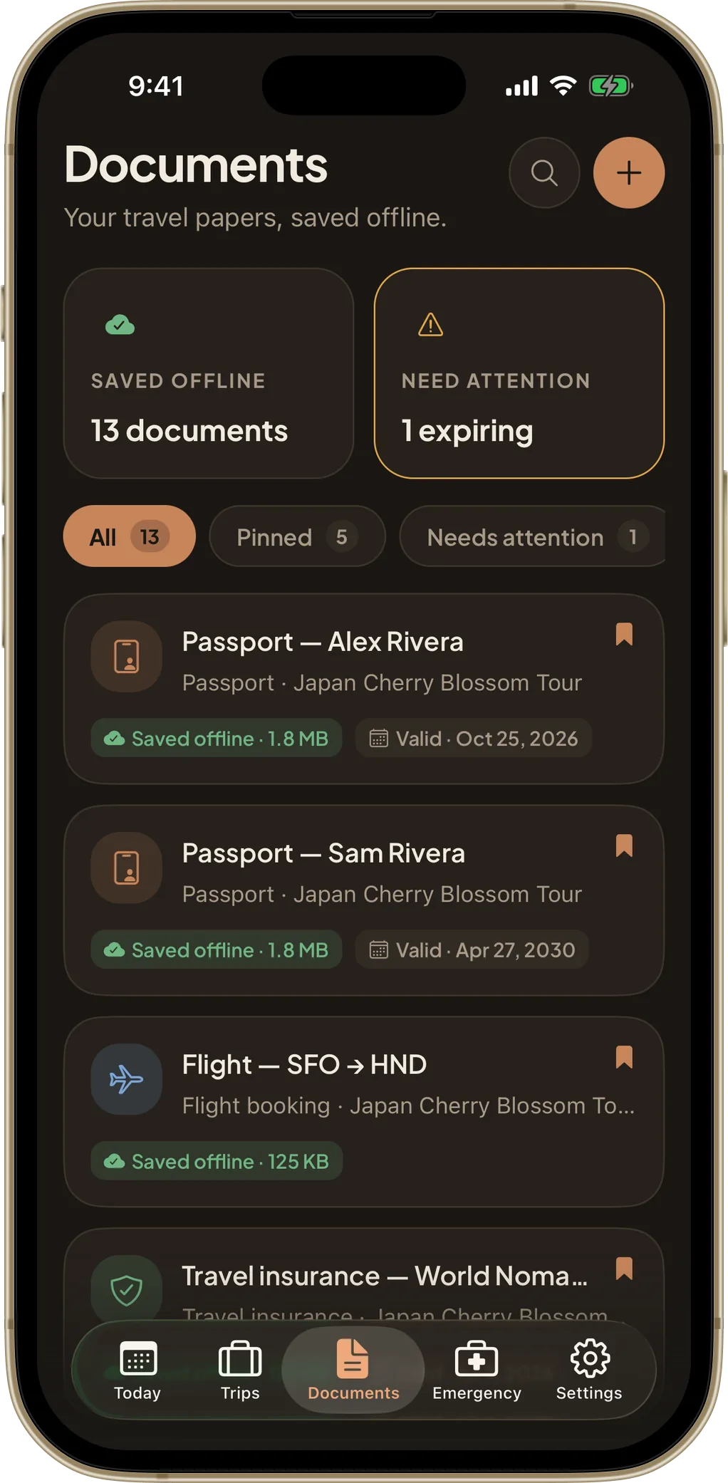 TripPouch documents list with saved-offline badges and expiry warnings