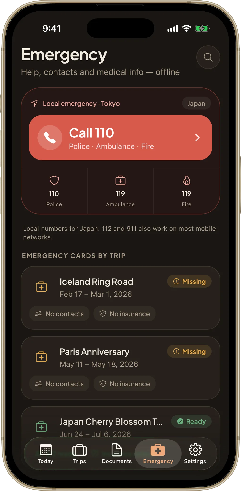 TripPouch emergency screen with local numbers and per-trip emergency cards