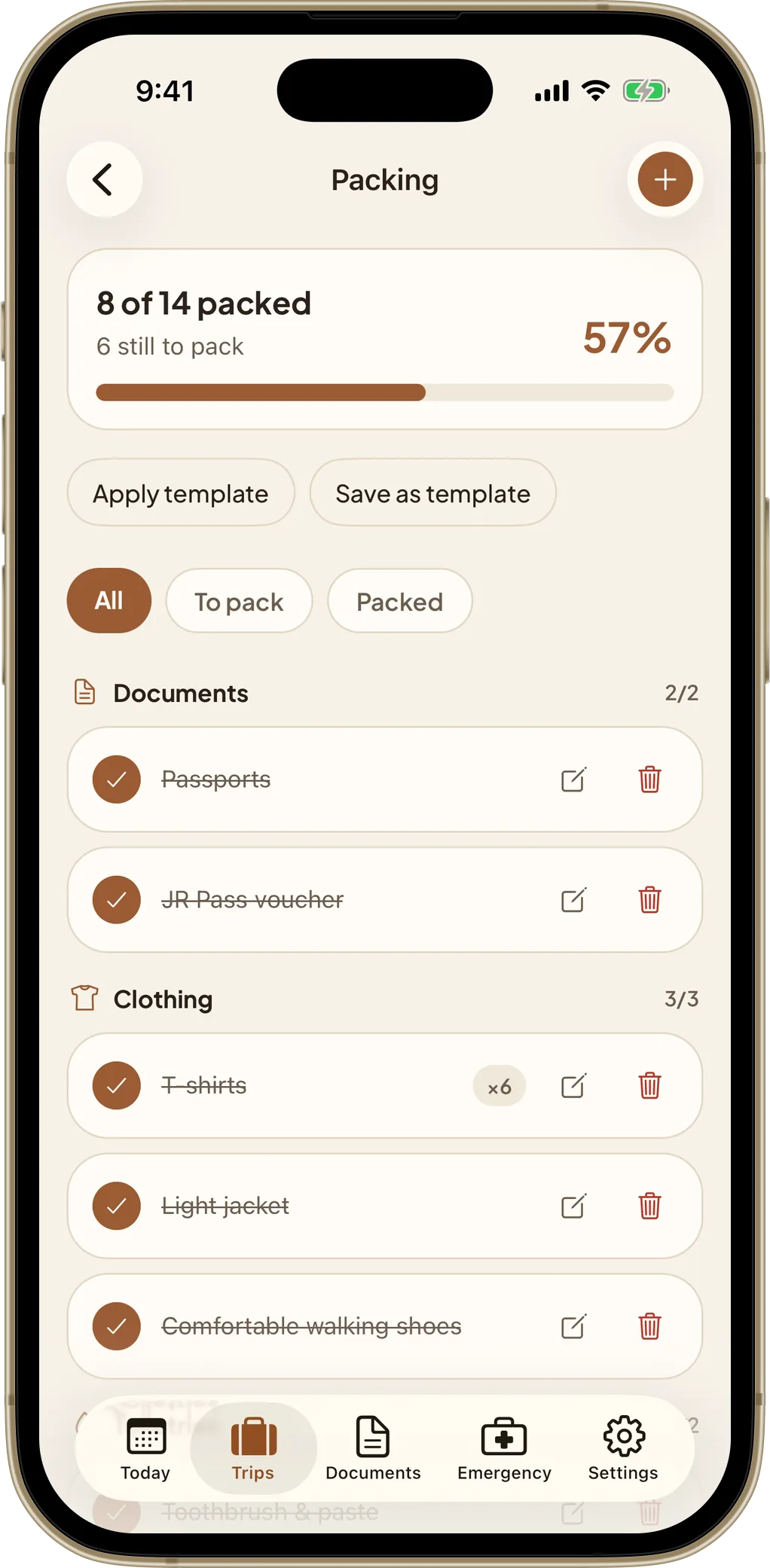 TripPouch packing list with templates and categories