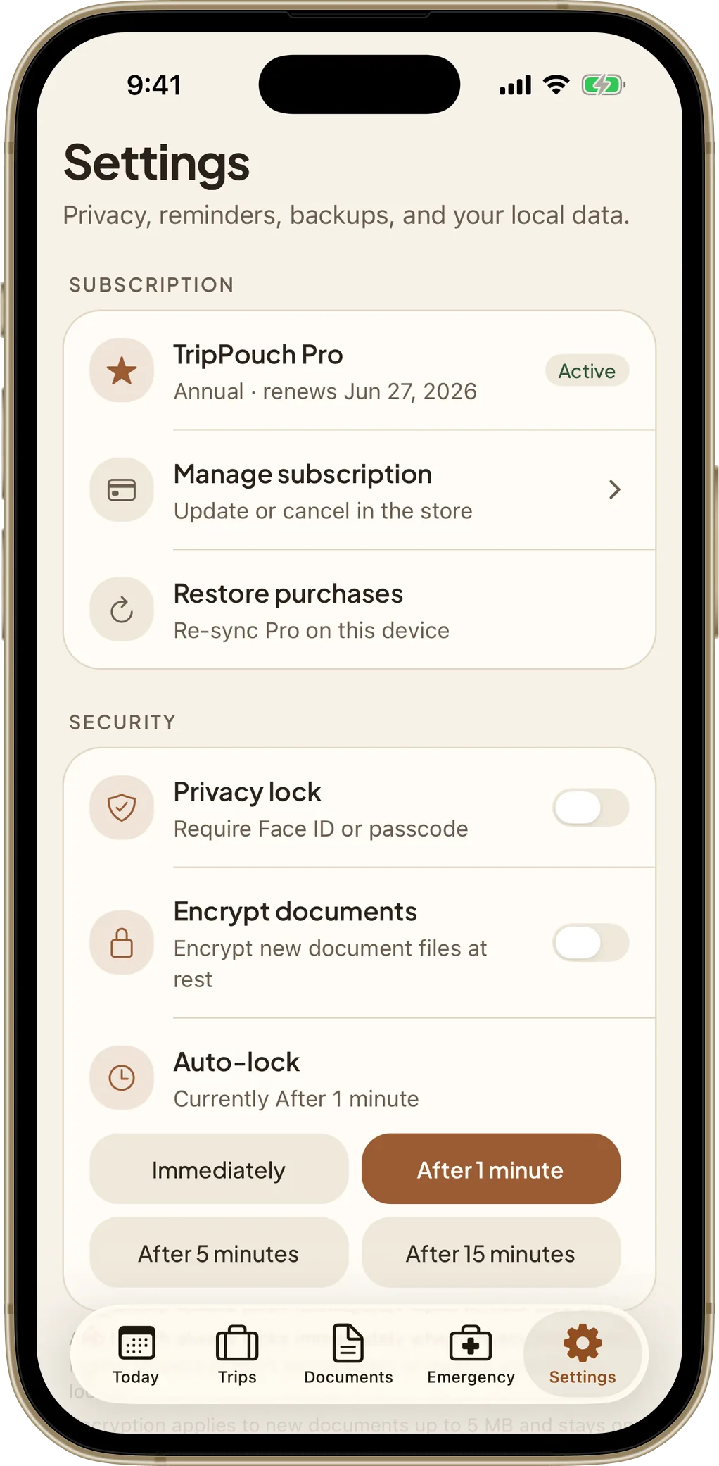 TripPouch settings showing the privacy lock and document encryption options