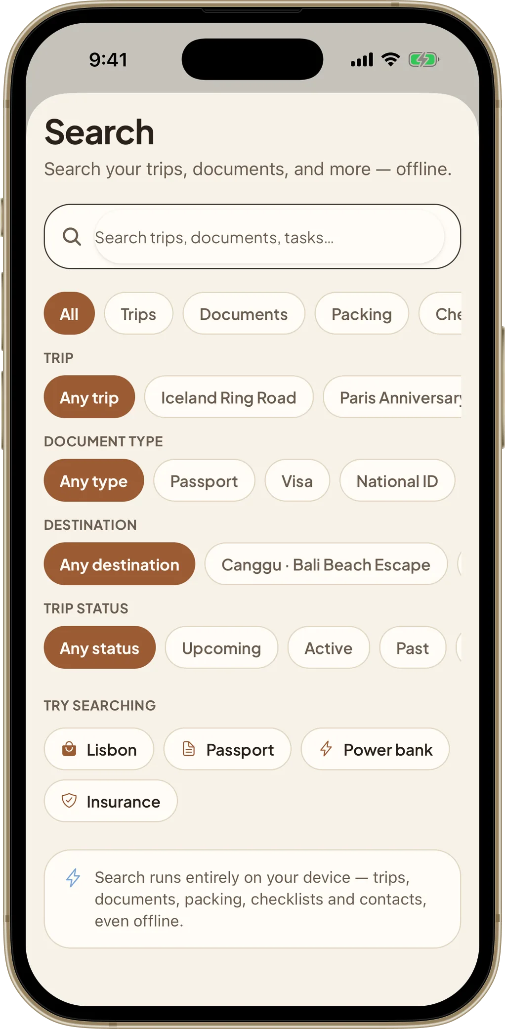 TripPouch global search with filters across trips, documents and tasks