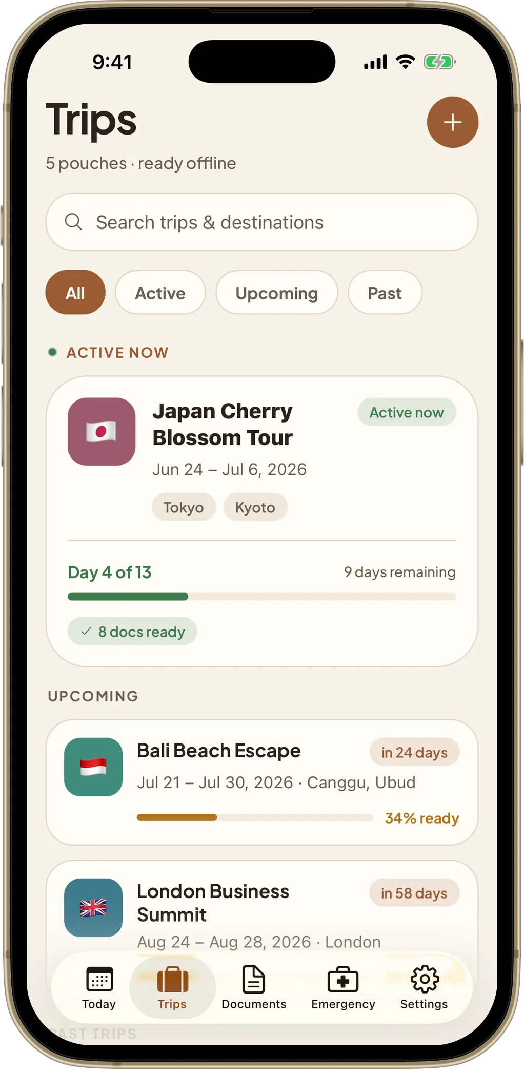 TripPouch trips list showing active and upcoming trips with countdowns